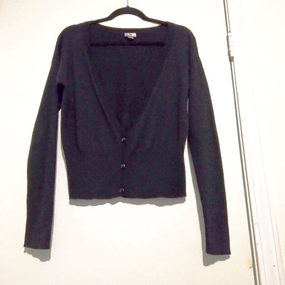Black Cotton Blend Low Cut V Neck 3 Button Ribbed Waist & Cuffs Cardigan Sz M - Picture 1 of 7